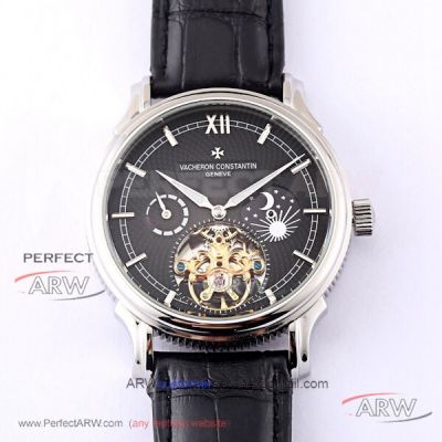 Perfect Replica Vacheron Constantin Traditionnelle Black Moonphase Dial Black Leather Strap Tourbillon 42mm Watch